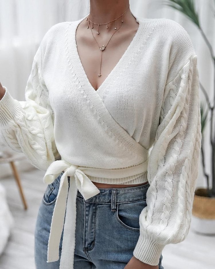 Cable Knit Overlap Self-Tie Sweater - Shop Trendy Women's Clothing | LoverChic