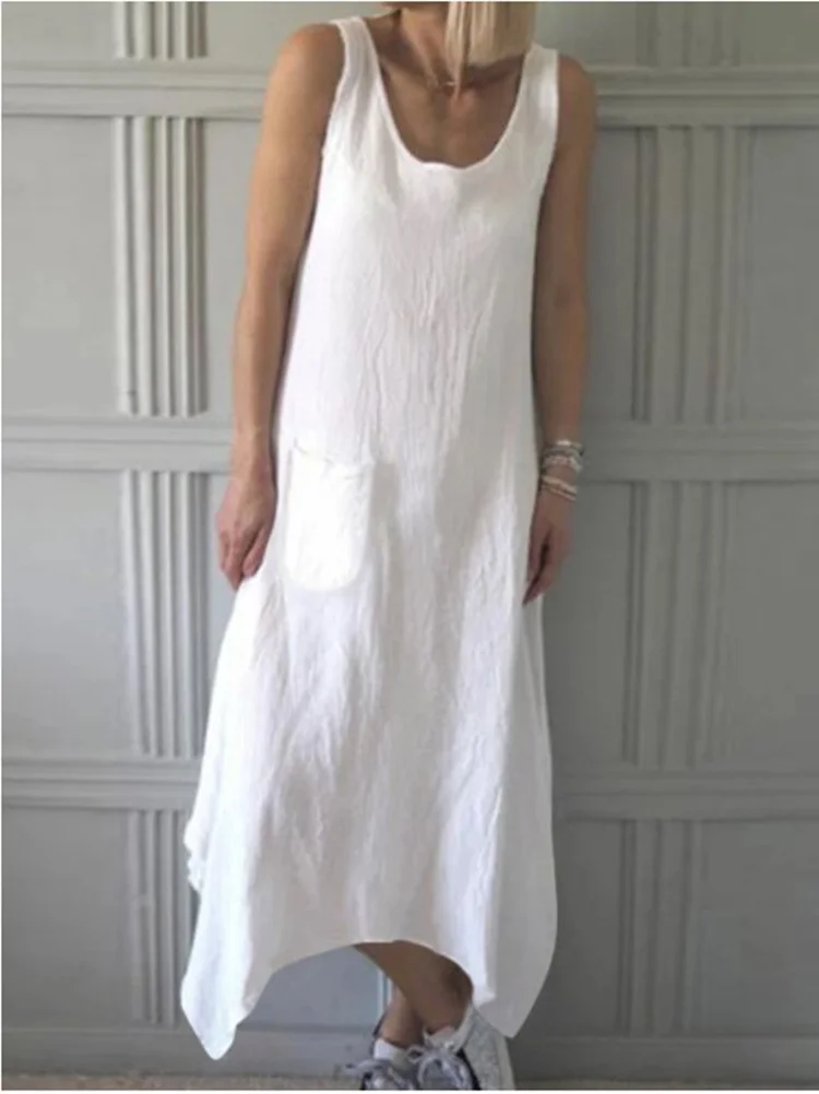 Loose Crew Neck Sleeveless Dress with Pockets