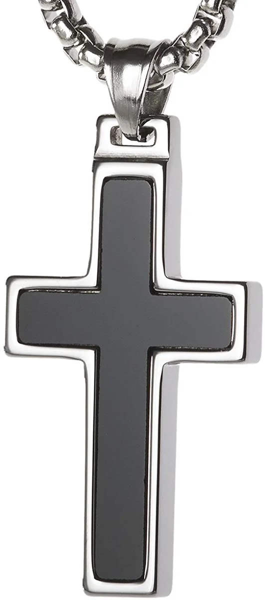 Women's Or Men's Unique Onyx Inlay Tungsten Cross Pendant Necklace Jewelry Gifts For Mens And Womens