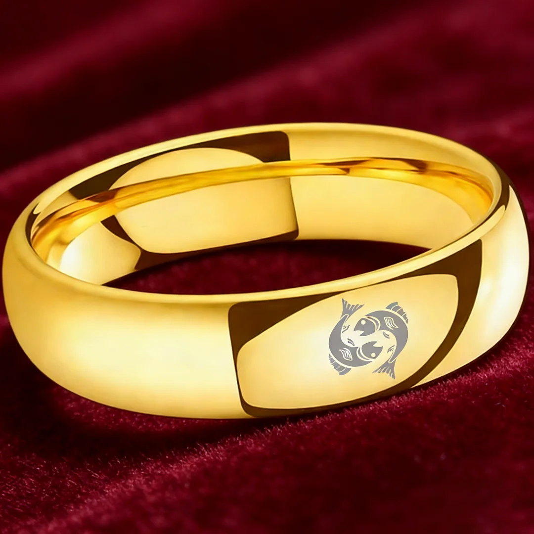 4MM 6MM 8MM Width Gold Pisces Tungsten Carbide Rings Prints Laser Design Domed Top Tungsten Wedding Bands 