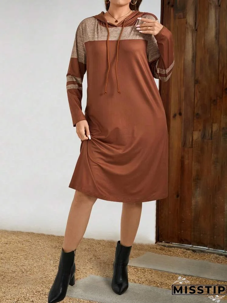 Plus Size Women Colorblock Drawstring Hooded Long Sleeve Casual Dress, Spring Autumn