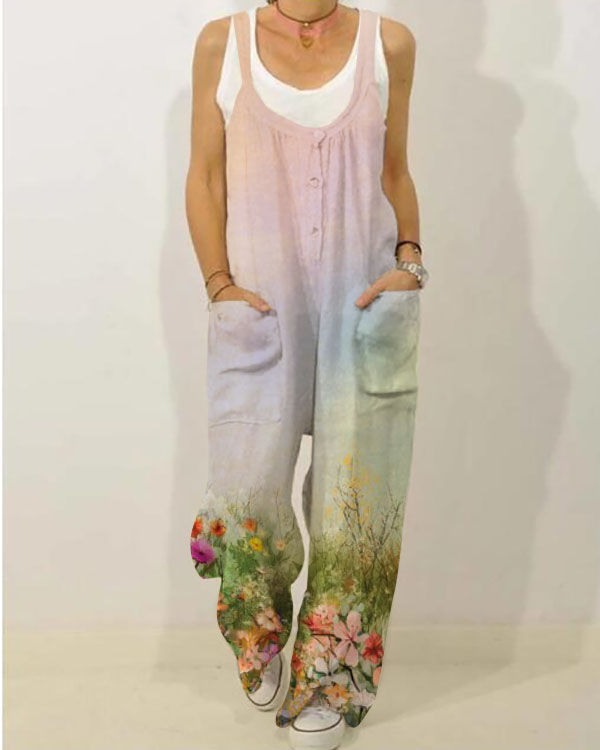 Casual Butterfly Daisy Pocket Casual Comfort Jumpsuit