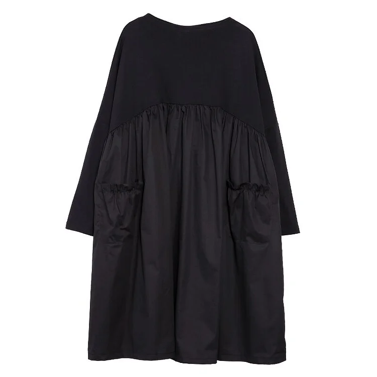 Original Solid Color Round Neck Patchwork Pleated Splicing Pockets Long Sleeve Dress
