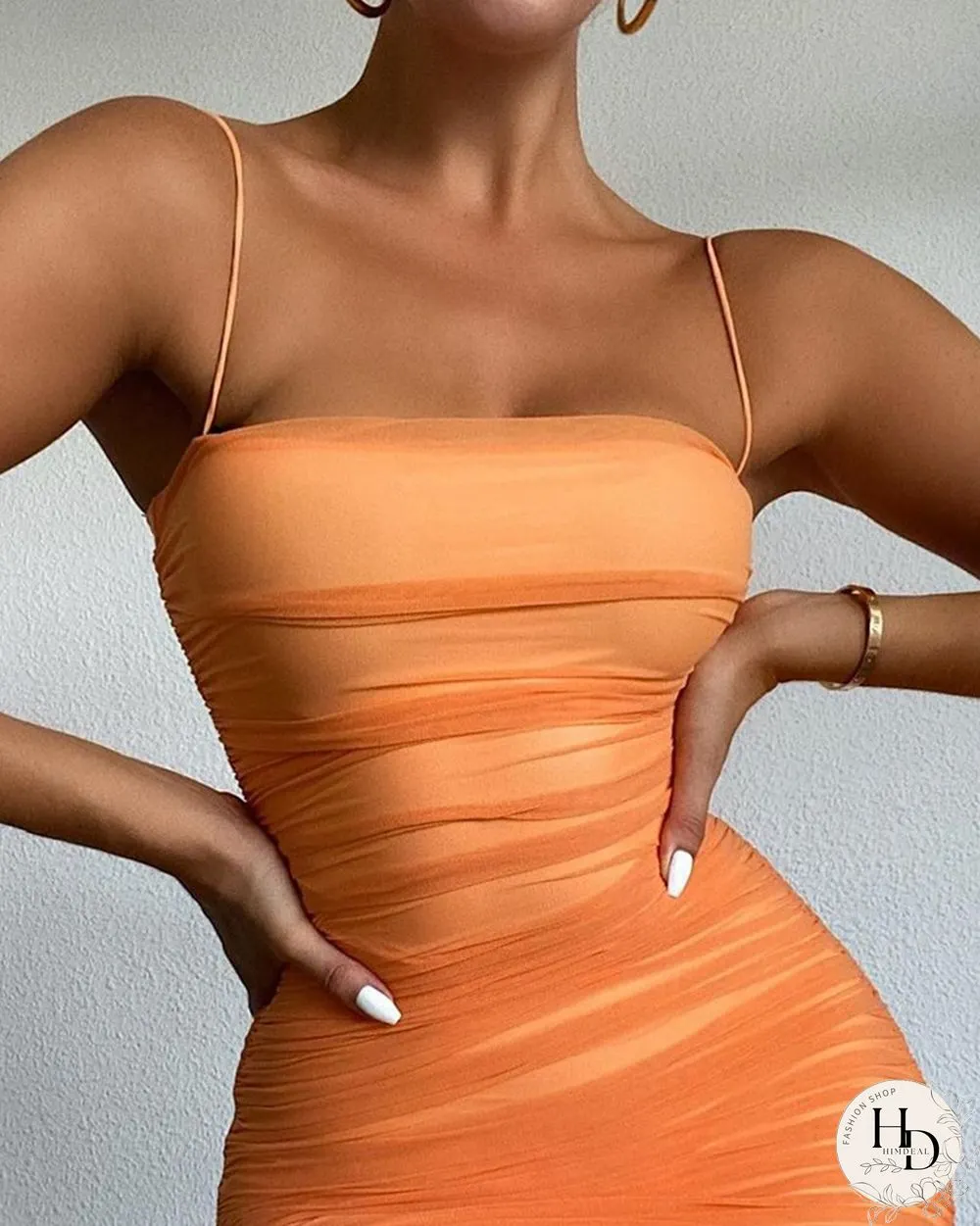 Plain Sheer Mesh Spaghetti Strap Ruched Bodycon Dress