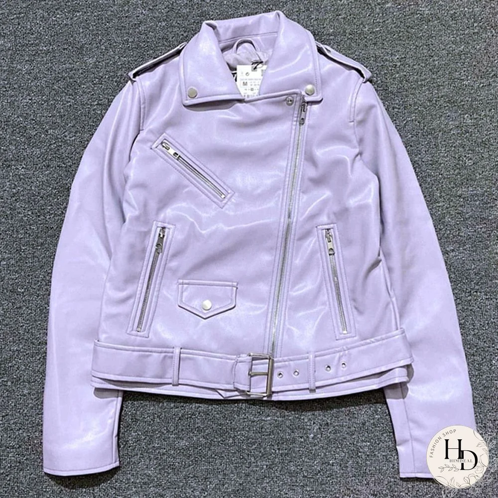 Autumn Women Purple Chic Sashes Soft PU Faux Leather Jacket Zipper Biker Jackets Coat Female Casual Outwear Tops Mujer