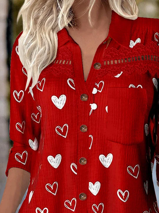 Women Long Sleeve Shirt Collar Love Printed Graphic Lace Button Pockets Tops