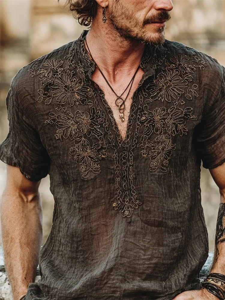 Boho Vintage Floral Embroidery Men's Linen Short Sleeve Shirt