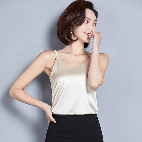 2021 Summer Solid Sleeveless Crop  Casual Camis Tank Tops Ladies V-Neck  Female Vest  Women Imitation Silk Blouses