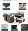 9 Pieces Patio Dining Set Outdoor Space Saving Wicker Rattan Chairs with Glass Table Patio Furniture Set with Ottoman and Cushions,Dust Cover