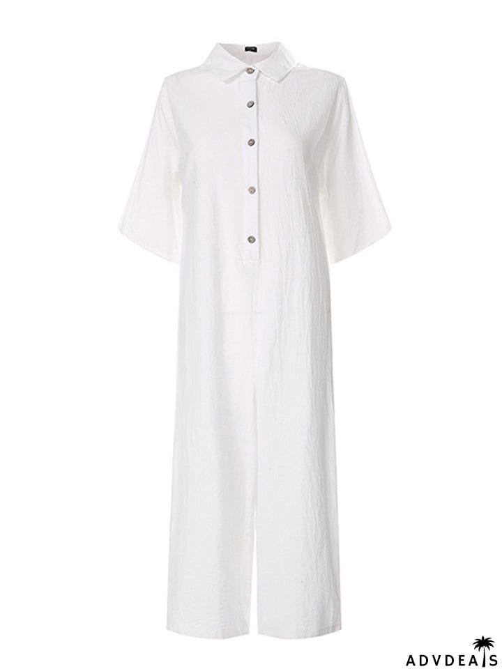 Straight Silhouette Spread Collar Soft Cotton Front Button Cropped Jumpsuit