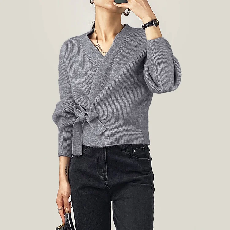 Grey Ribbed Knit Wrap Tie Side Cardigan QueenFunky