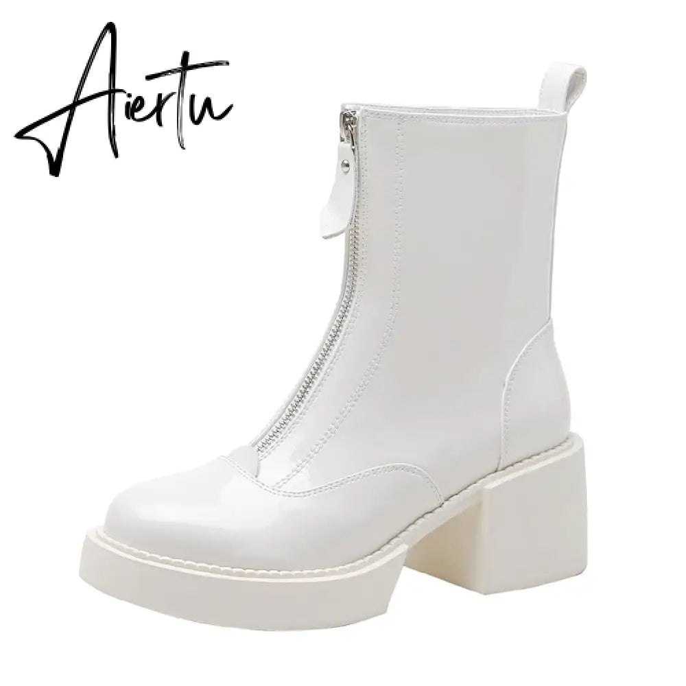 Classic Front Zipper Cow Patent Leather Women Ankle Boots Platform Thick High Heel Shoes Women Female Riding Boots Autumn Winter Aiertu