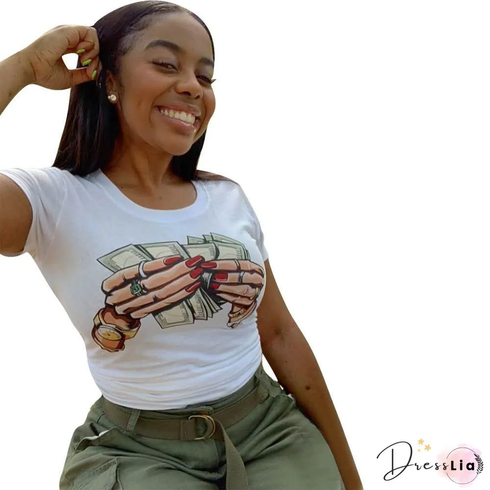 Round-neck Short Sleeve Plus Size Women T-Shirt-Fashion Lounge Wear Trend Dollar Print