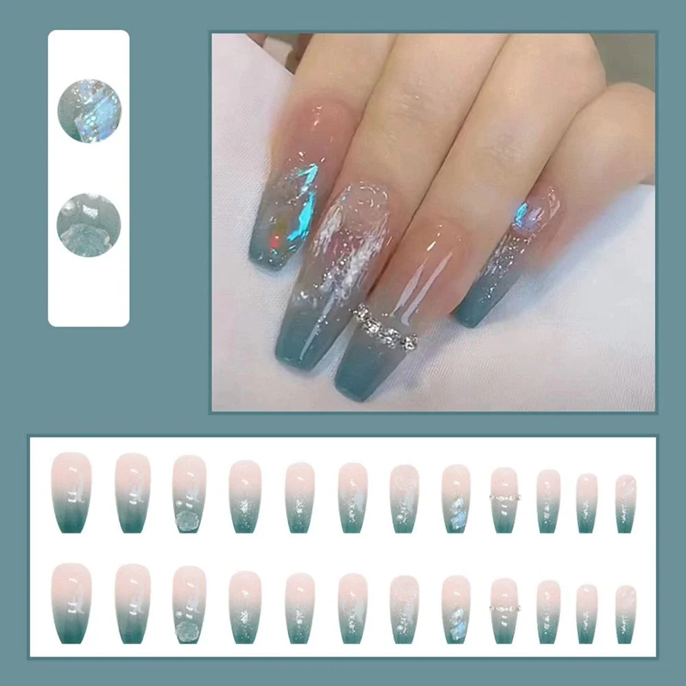 Churchf Detachable Coffin False Nails Wearable French Ballerina Blue Glitter Rhinestone Fake Nails Full Cover Nail Tips Press On N-Nail Inspo