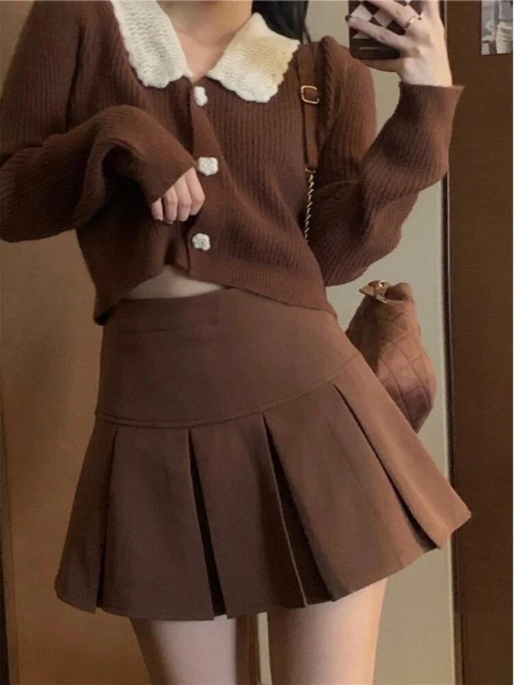 Korean Style Elegant Brown Warm Knitted Sweater and Mini Pleated Skirt Set SP16943