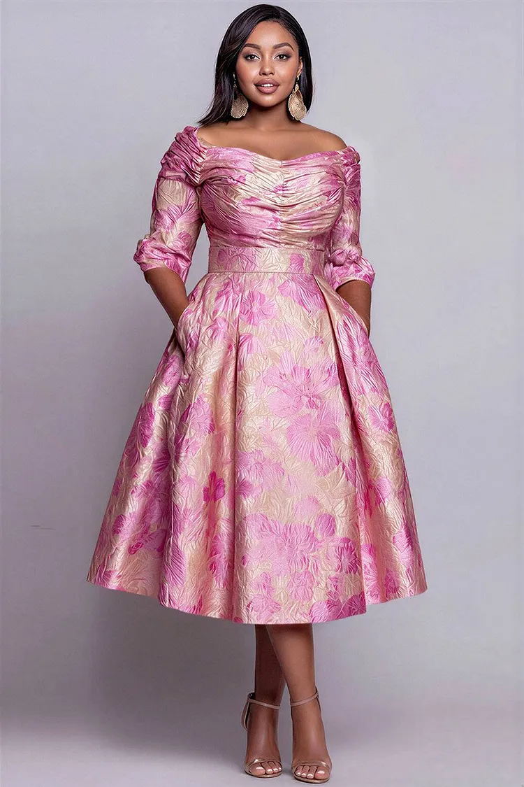 Xpluswear Design Plus Size Cocktail Party Pink Off The Shoulder Half Sleeve Pocket Fold Jacquard Midi Dresses [Pre-Order] 2024 - Xpluswear