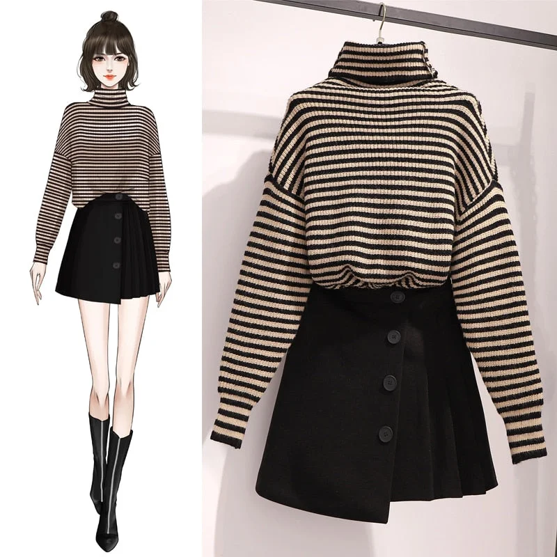 Winter Stripe Turtleneck Sweater Irregular Skirt Two Pcs Set SP16779
