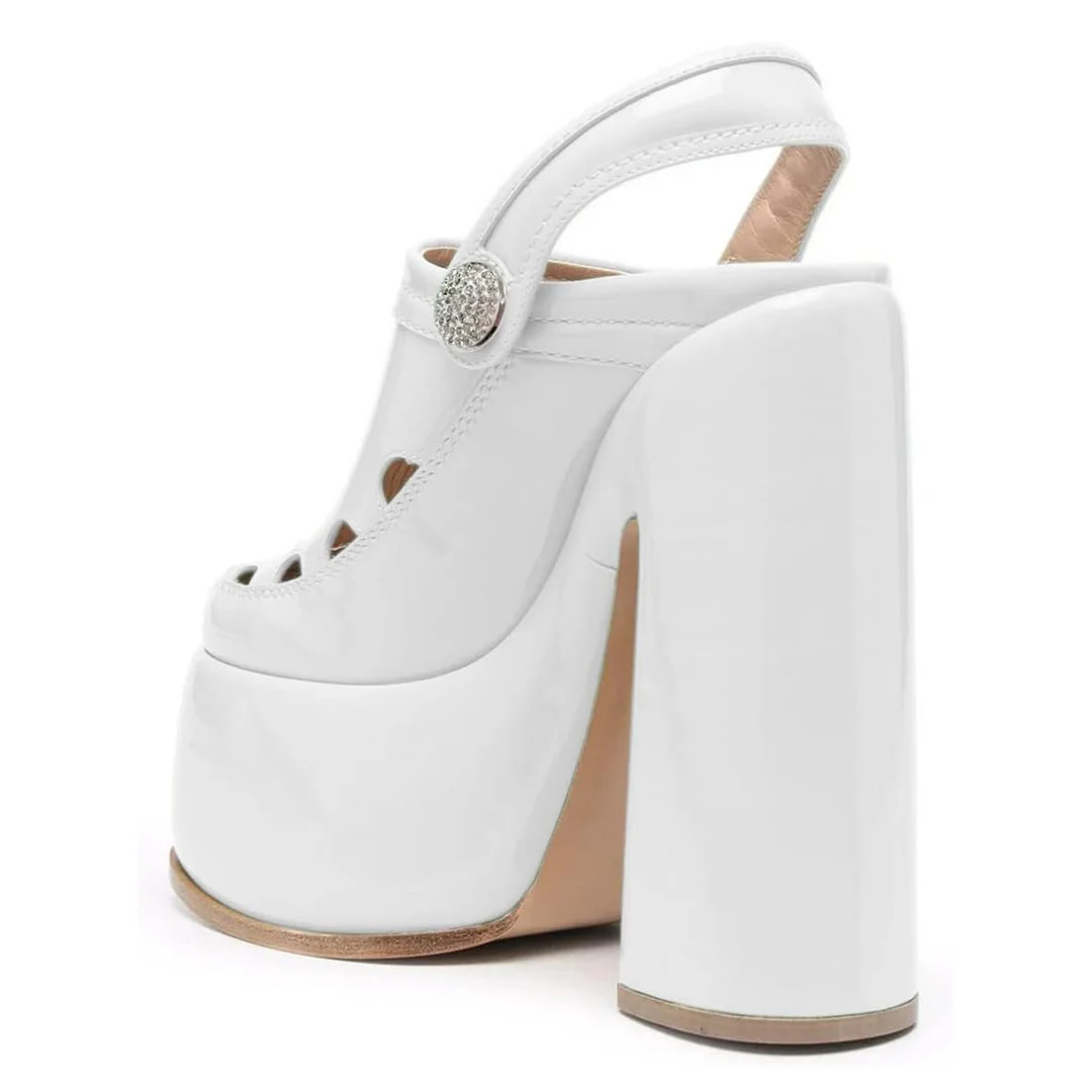 Patent Leather Slingback Rhinestone Platform Heel Ivory Mary Janes