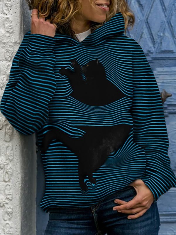 Cute Cat Striped Print Hoodie