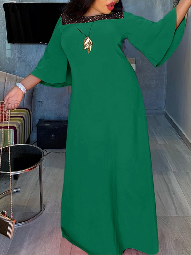 Patchwork Rhinestone Bell Sleeve Round Neck Maxi Dress SKUJ14846 QueenFunky