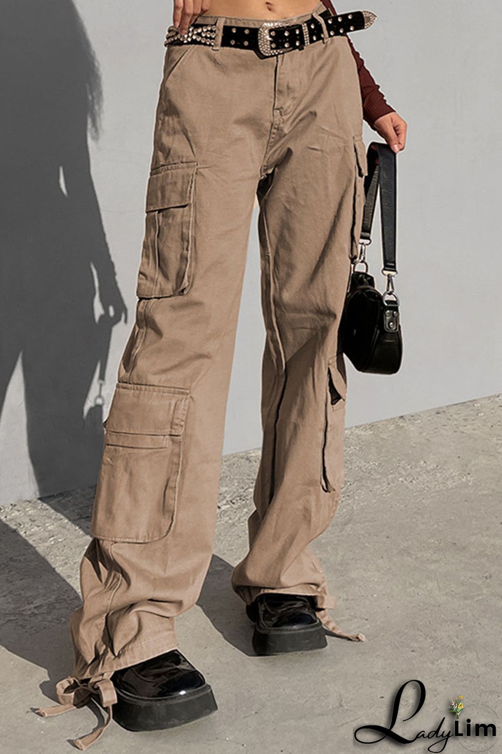 Green Street Solid Patchwork Pocket High Waist Straight Solid Color Bottoms