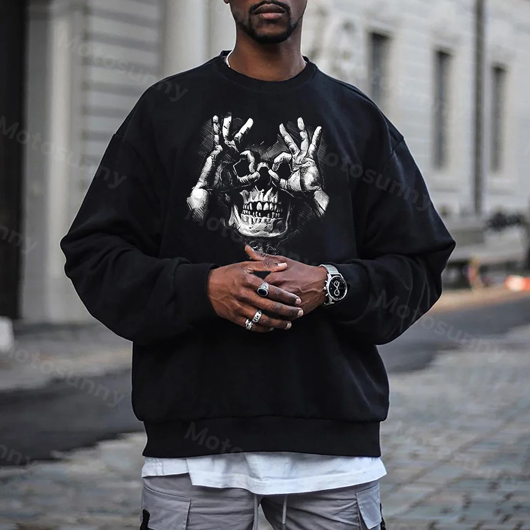 Skull with OK Gesture Graphic Black Print Sweatshirt