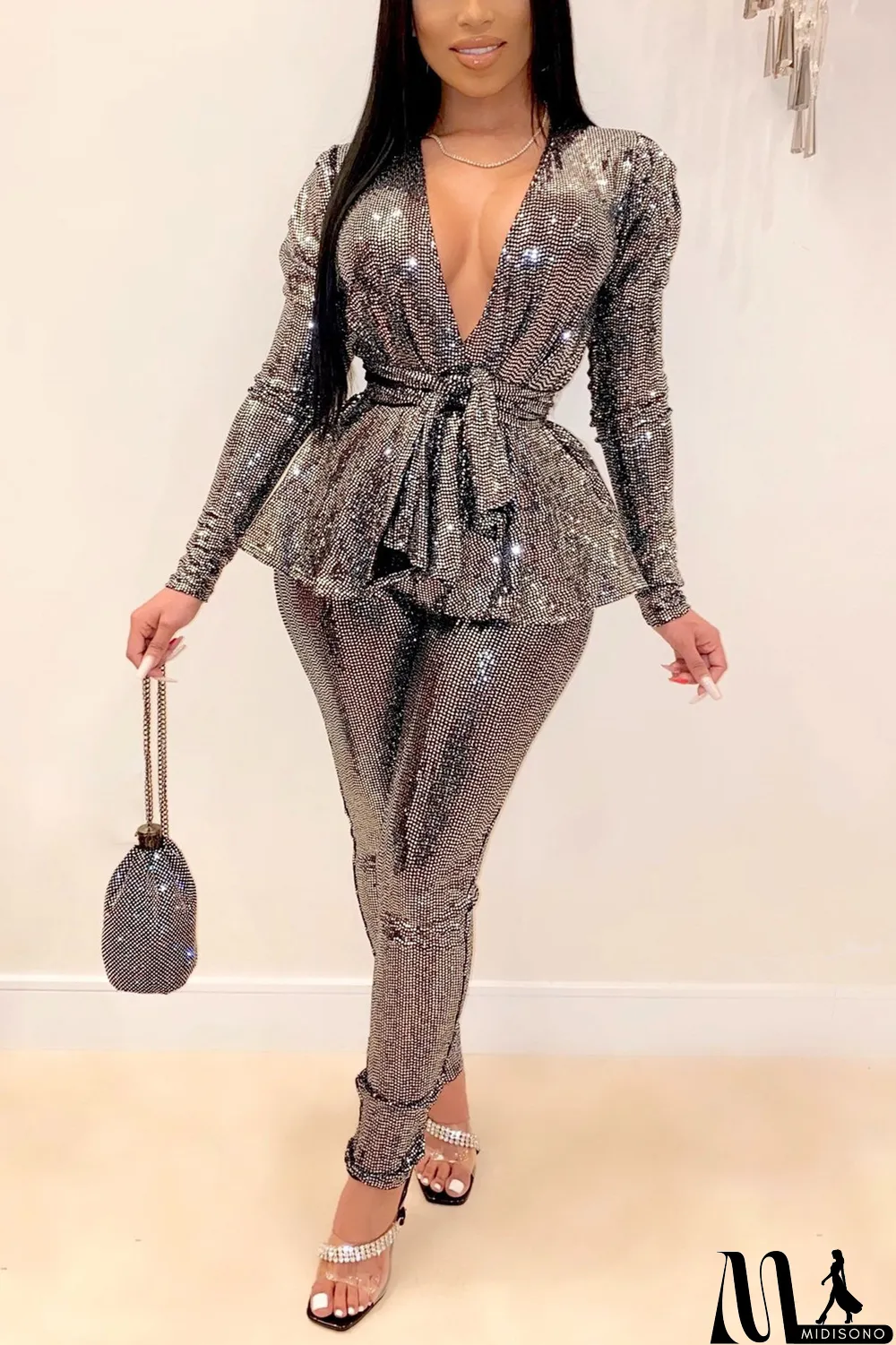 MidiSono - Black Fashion Slim Long-Sleeve V-Neck Two-Piece Set