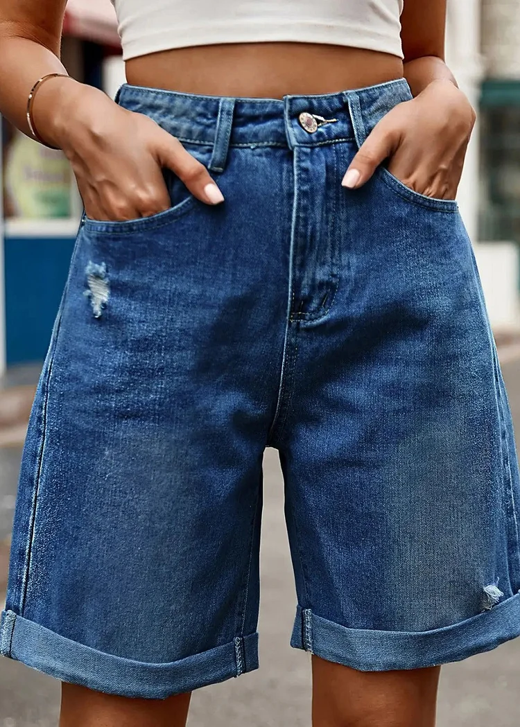 Denim Blue Button Denim Summer Shorts High Waist