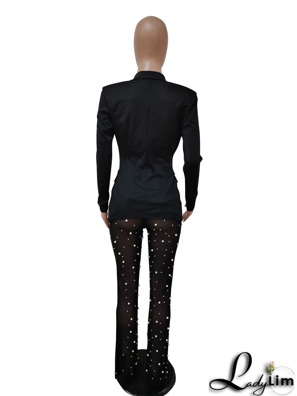 Autumn And Winter Women's Long Sleeve Blazer Beads Mesh Straight Pants Two Piece Suits