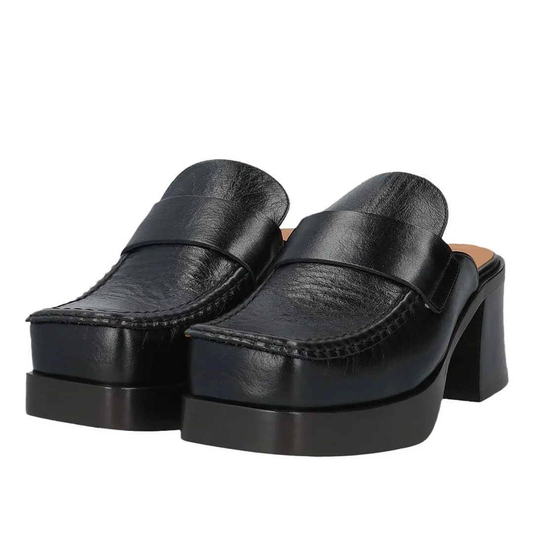 Black Square Toe Chunky Heel Slip On Mule Loafers with Platform