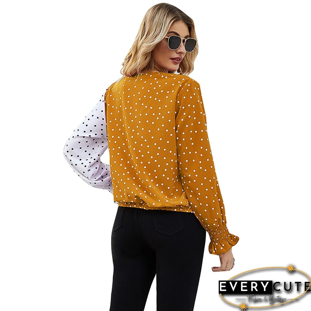 Yellow Polka Dot ColorBlock V Neck Blouse