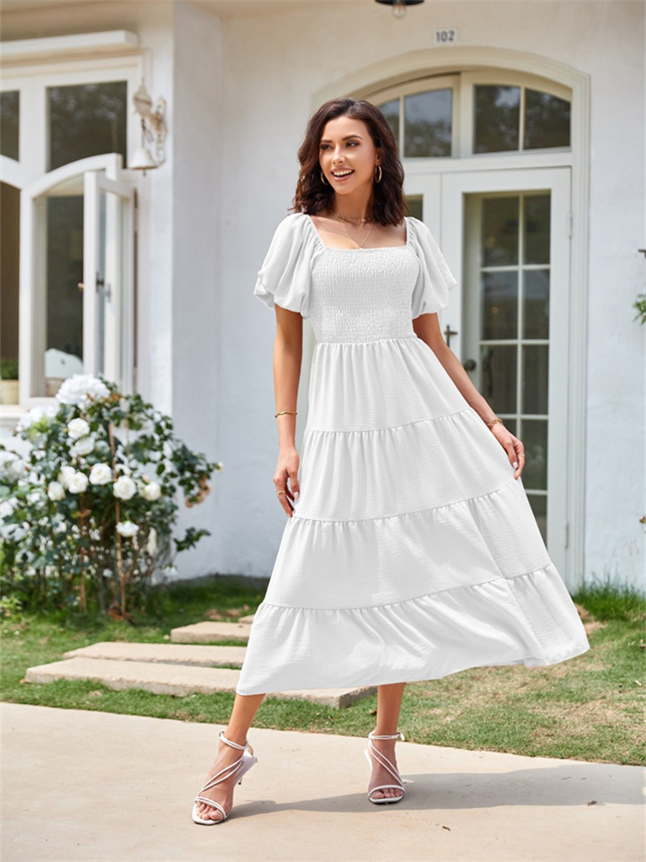 Summer Women's Square Neck Backless Bubble Sleeve Pleated Short Sleeve Dress Solid Color Midi Dresses