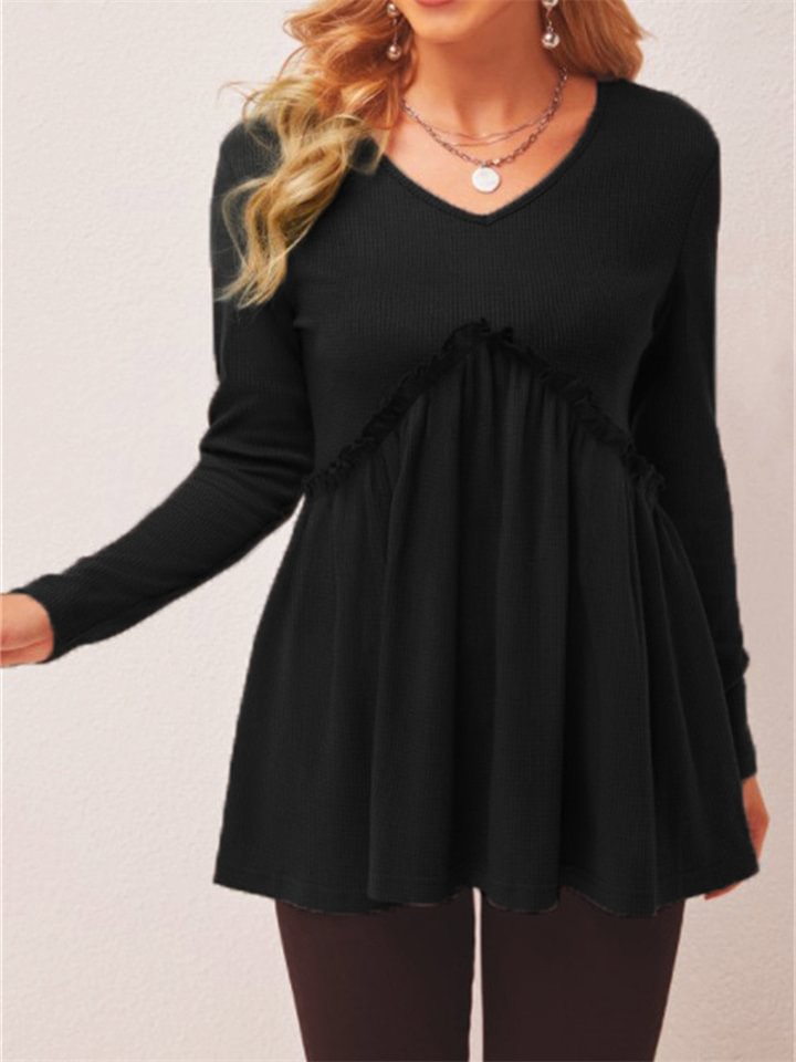 Women's Loose Ruffle Solid Color V-neck T-shirt Top -vasmok