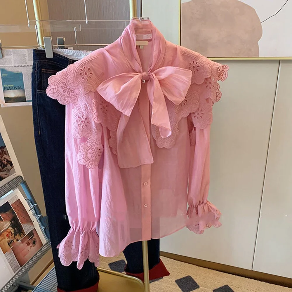 Spring Shirt Women Apricot Sleeve Ruffles Single Breasted Embroidery Vintage Ladies Office Lady Top