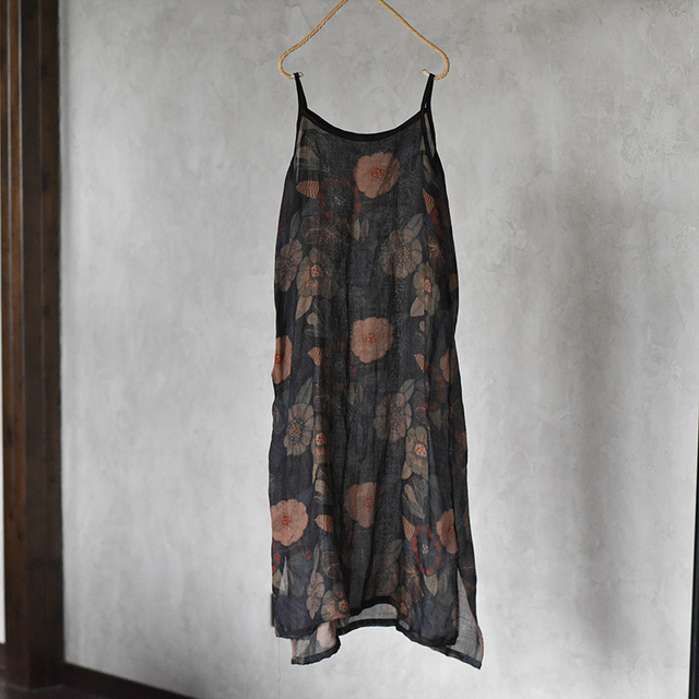 Original Thin Printed Ramie Camisole Dress Zen Retro Inner Long Dress