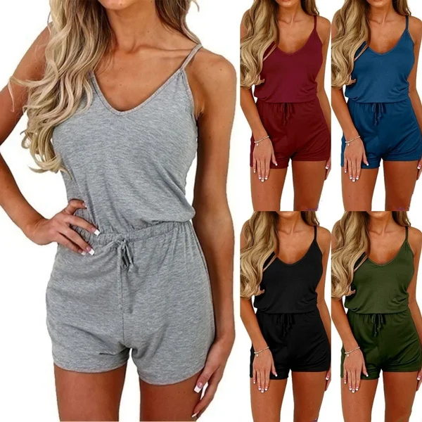 Women Fashion Spaghetti Strap Jumpsuits Rompers Summer Casual Slim Fit Drawstring Waist One Piece Suits Sexy Sleeveless Bodycon Playsuit Outfits Set Ladies Short Rompers Bodysuits for Beachwear