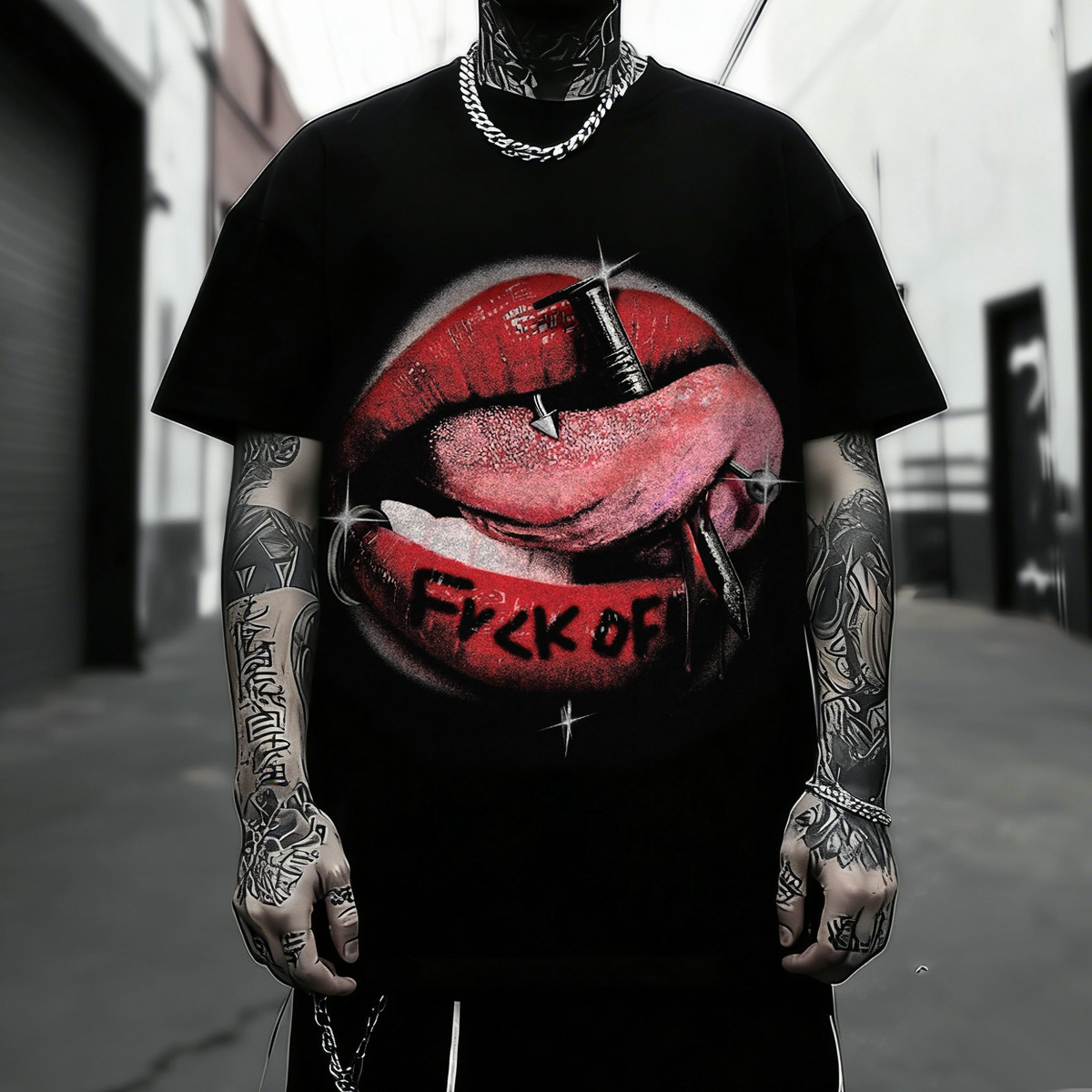Cotton Black T-Shirt With Bold Lip Art Print And "F*CK OFF" Graphic Statement