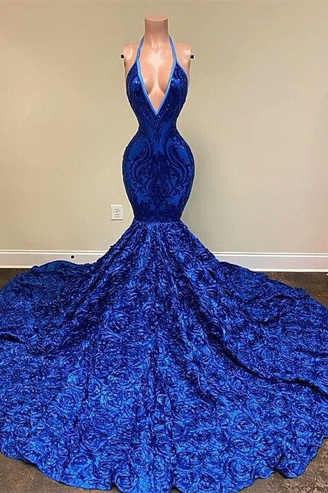 Luluslly Royal Blue Halter Sleeveless Sequins Prom Dress Mermaid With Flowers Bottom