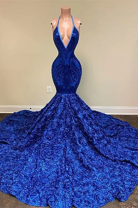Royal Blue Halter Sleeveless Sequins Prom Dress Mermaid With Flowers Bottom PD0734