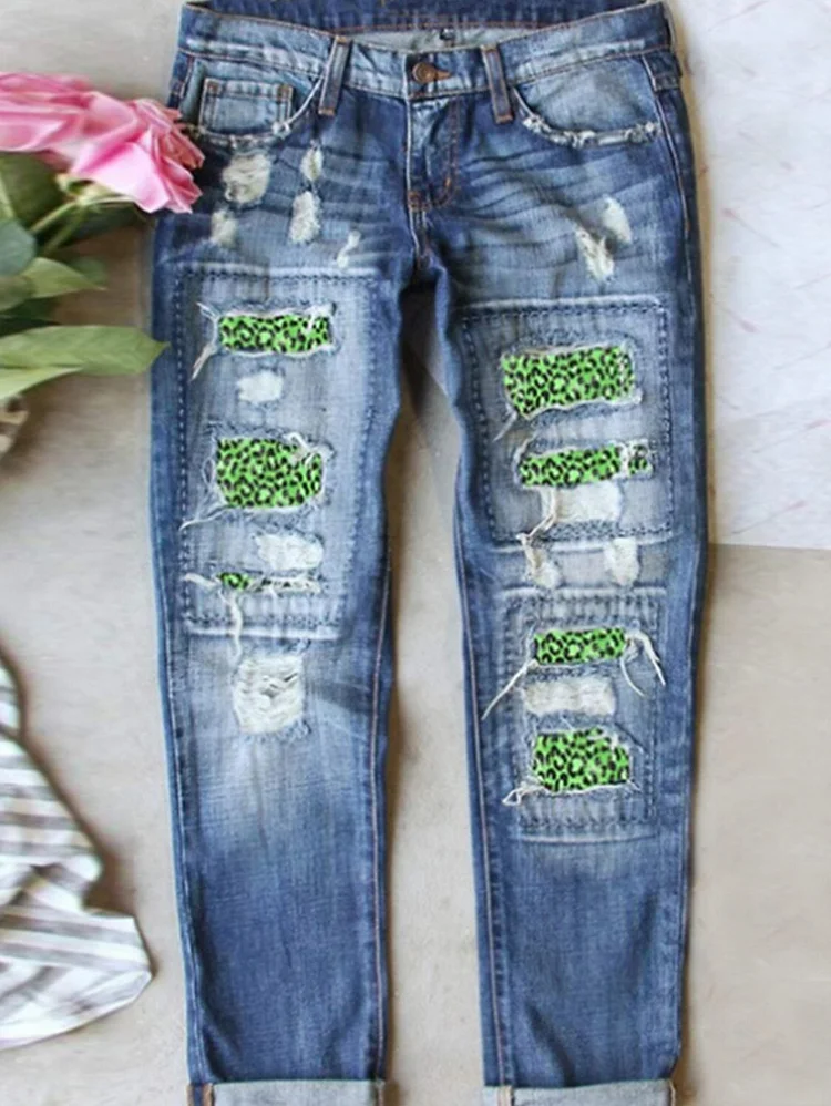 Fashion Pattern Ripped Washed Denim Straight Leg Jeans