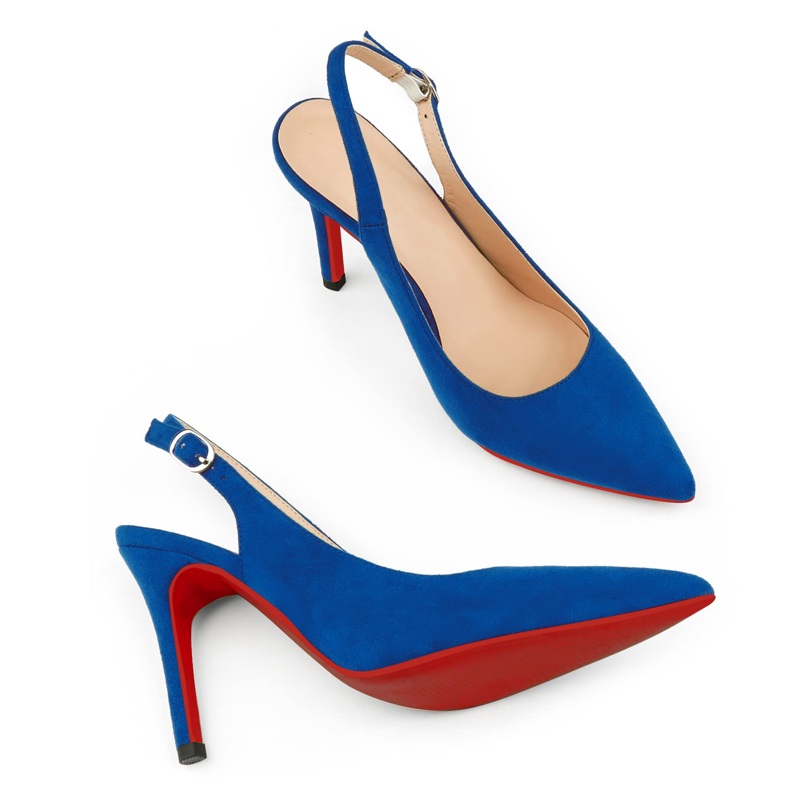 90mm Mid Heels for Women Slingback Pumps Sandals Pointed Toe Pumps Red Bottoms Suede Shoes-MERUMOTE
