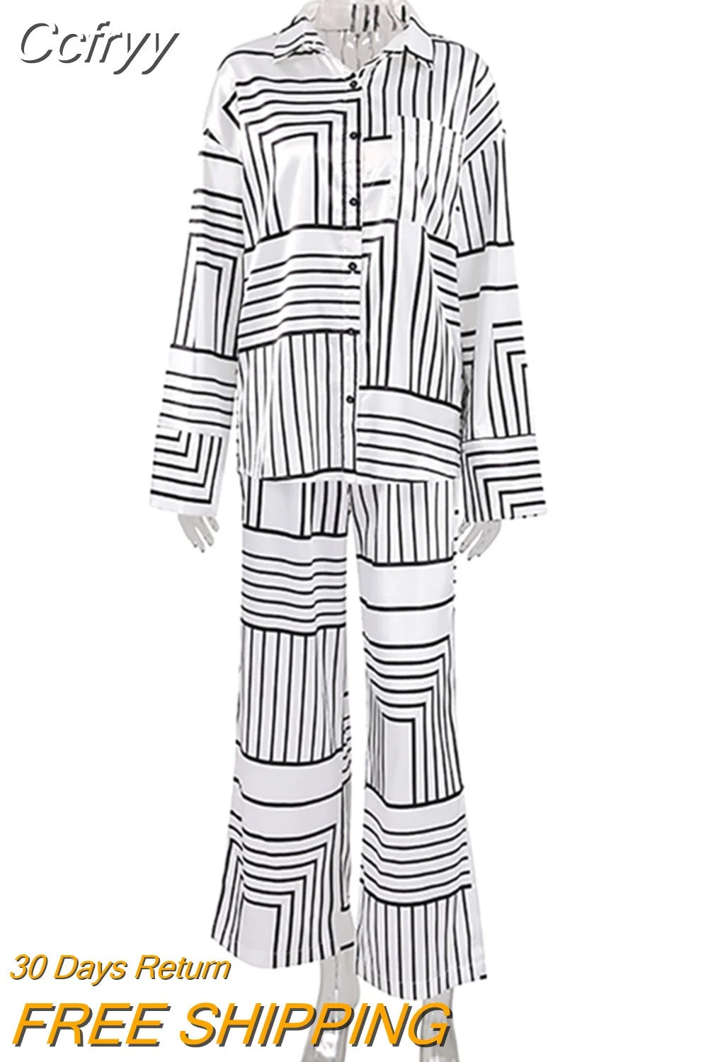 Huibahe Lapel Irregular Stripe Button Shirt And Pants Women Sleep Suit 2 Piece Single-Breasted Print Casual Home Suit Female