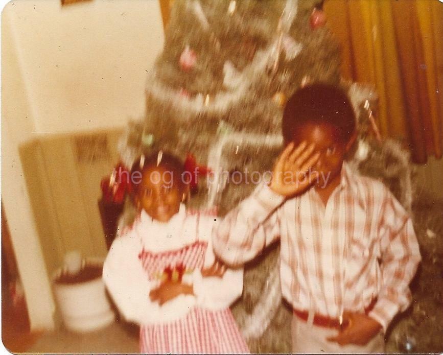 Christmas Kids FOUND COLOR Photo Poster painting Children TREE Original Snapshot VINTAGE 04 18 O