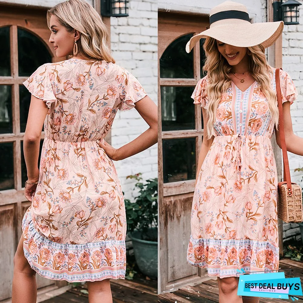 Dress High Waist Short Sleeve V-Neck Long Floral Dress