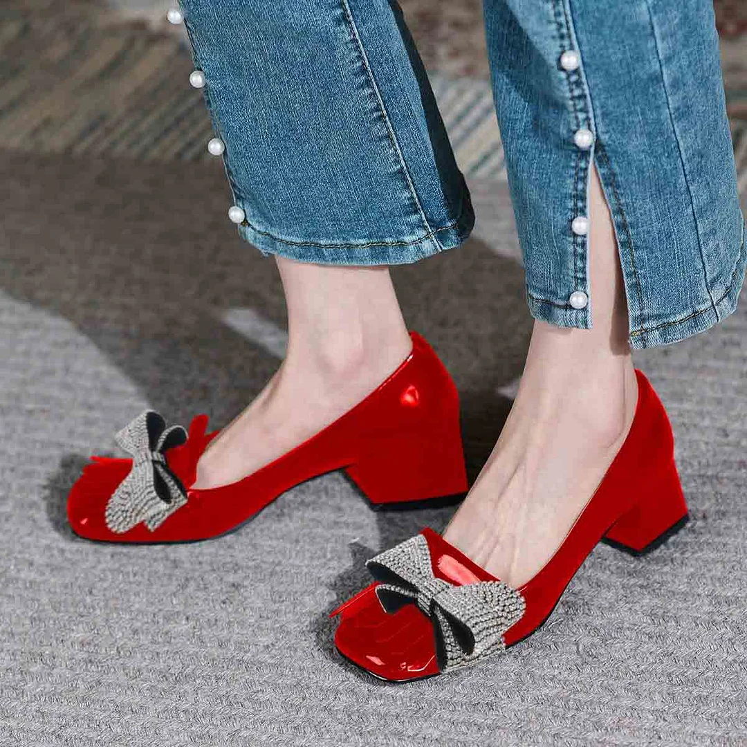 Red Square Toe Fringe Chunky Heel Rhinestone Bow Pumps Shoes