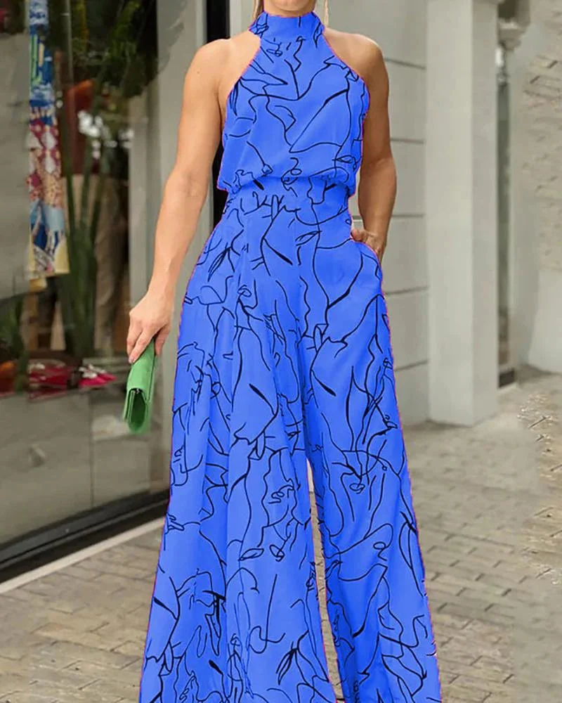 Sleeveless halterneck printed jumpsuit