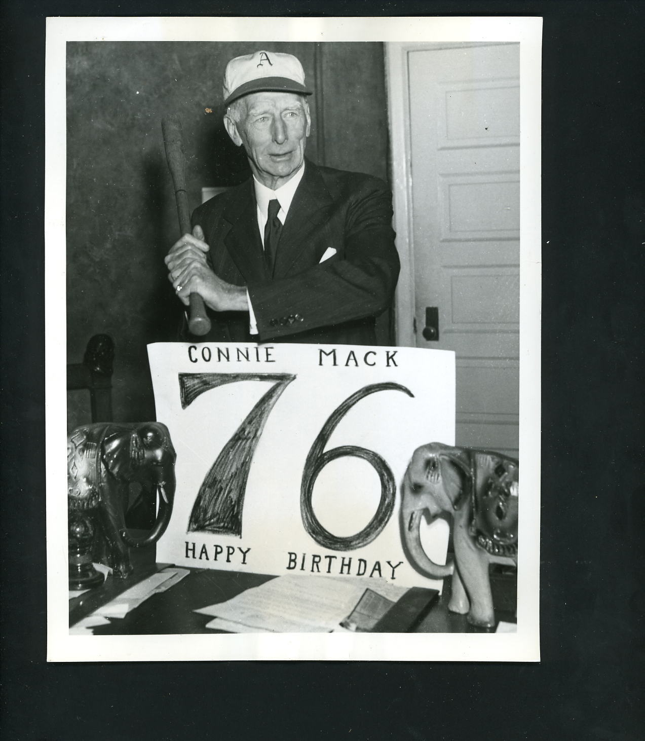 Connie Mack with bat on his 76th Birthday 1938 Press Photo Poster painting Philadelphia A's