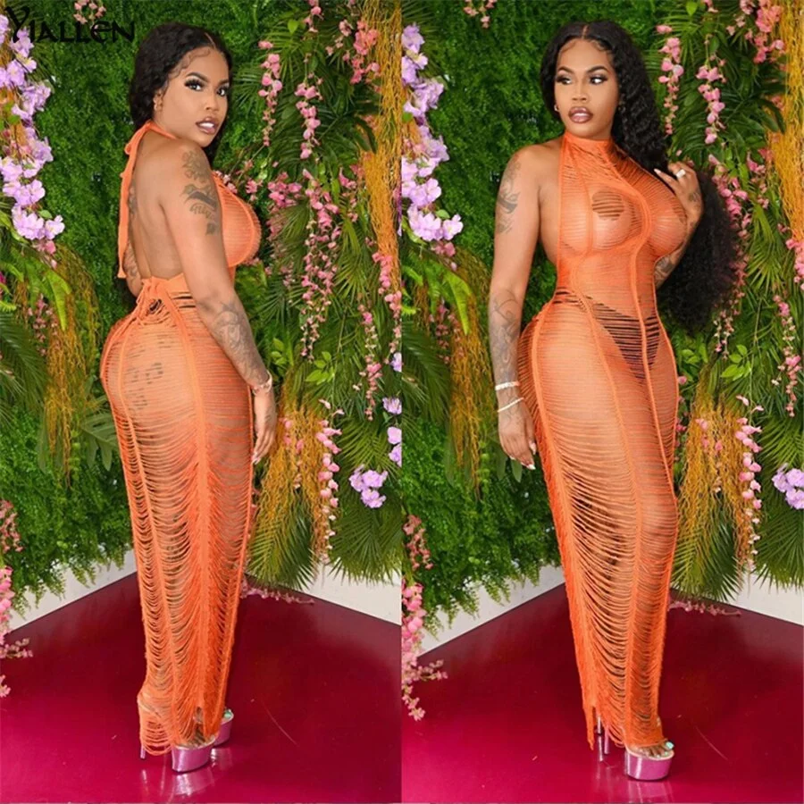 Yiallen Women Summer Sexy Hollow Out See Through Sleeveless Long Dress Fashion New Casual Street Clubwear Female Dresses Hot