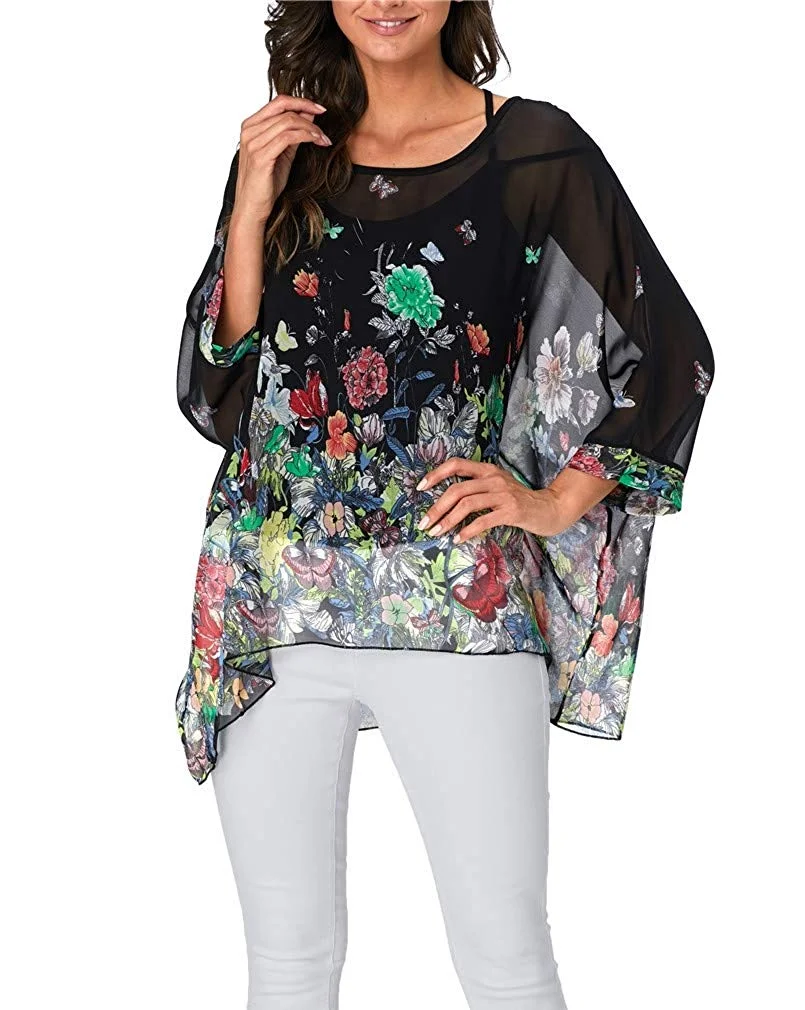 Women Summer Floral Printed Shirt Batwing Sleeve Top Chiffon Poncho Casual Loose Blouse