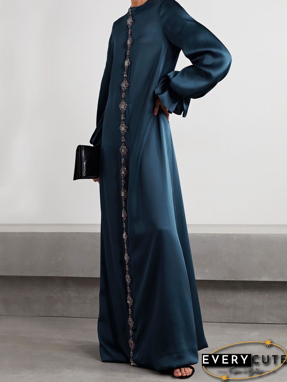 Navy-Blue Silky Women Puff Sleeve Formal Dress